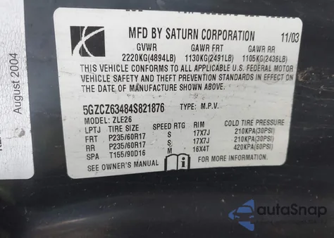 2004 Saturn Vue V6 from USA, damaged, VIN 5GZCZ63484S821876